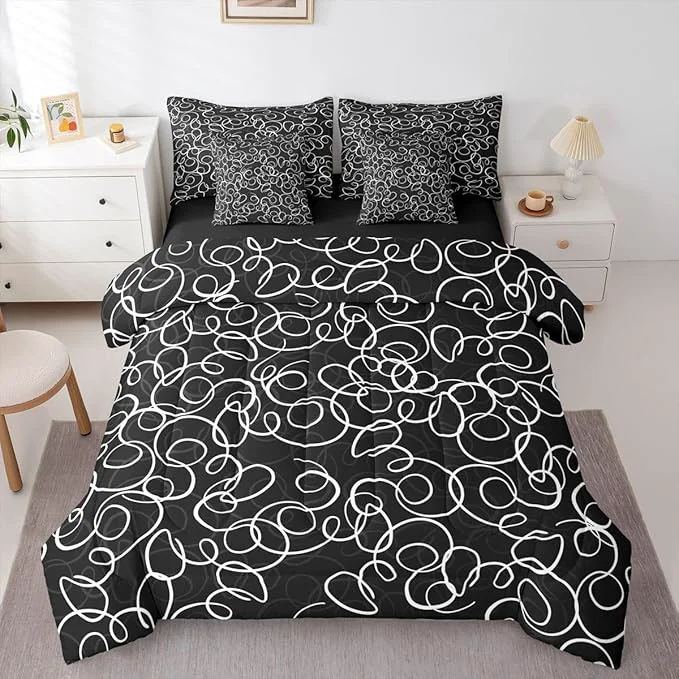 Natural Erosebridal Black White Geometric 7 Piece Comforter Set Full Abstract Line Modern Art Bedding Set for Kids Teens Boys Chic Swirls Bed in A Bag Texture Artwork Sheet Set Bedroom Decor Organic
