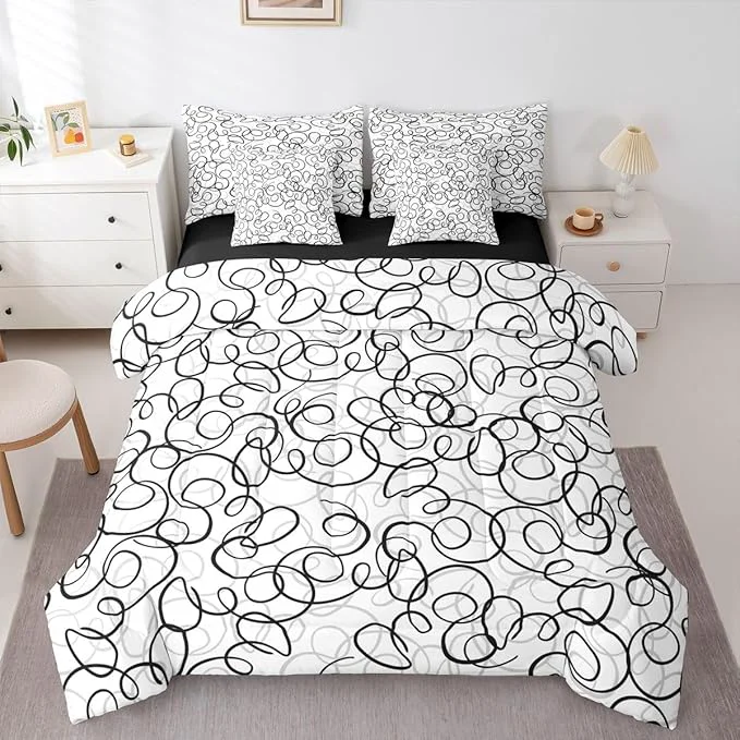Eco-Friendly Erosebridal Geometric 7 Piece Comforter Set Queen Bed in A Bag Black Gray White Abstract Swirls Bedding Set for Boys Girls Modern Abstract Texture Bedroom Decor Contemporary Lines Aesthetic Sheet Set Official