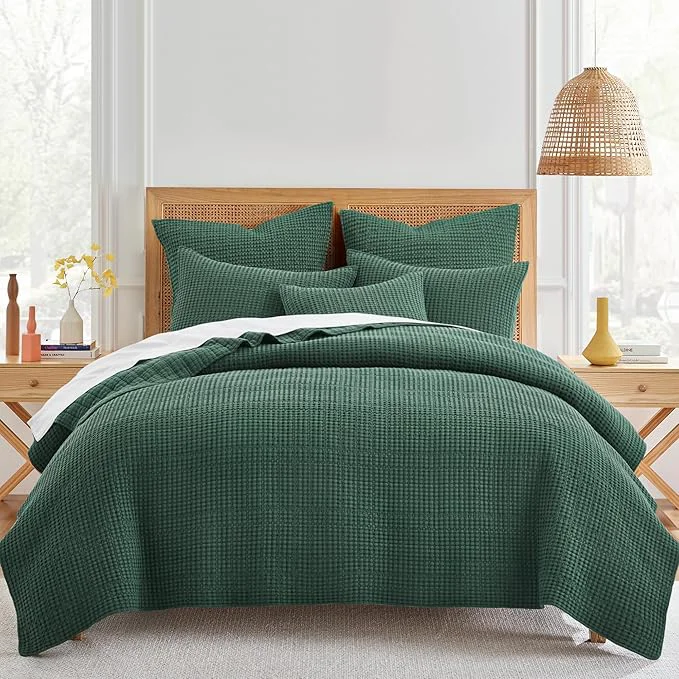 Eco-Friendly Levtex Home Mills Waffle King Cal King Quilt Set 106x92in with 2 Pillow Shams 36x20in – Forest Green – Cotton King Size Quilt Bedding Set – Lightweight Soft Pre-Washed Modern