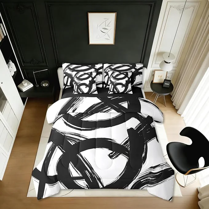 Organic Erosebridal Black White Abstract 7 Piece Comforter Set Queen Bed in A Bag Modern Graffiti Minimalist Line Bedding Set Simple Sketch Cool Unique Geometric Sheet Set Ink Painting Aesthetic Quilt Smooth