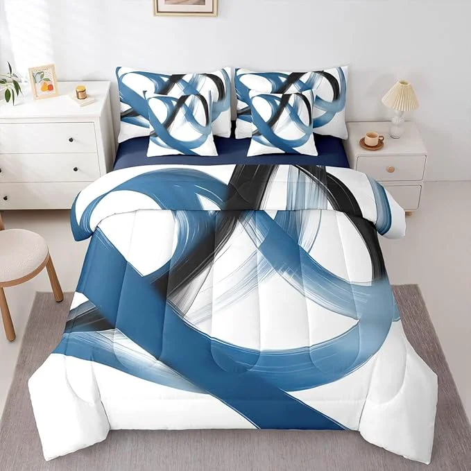 Consistent Erosebridal Abstract Navy Blue 7 Piece Comforter Set King Bed in A Bag Geometric Minimalist Lines Bedding Set Modern Ink Painting Stripes Quilt Simple Aesthetic Fashion Neutral Sheet Set for Men Contemporary