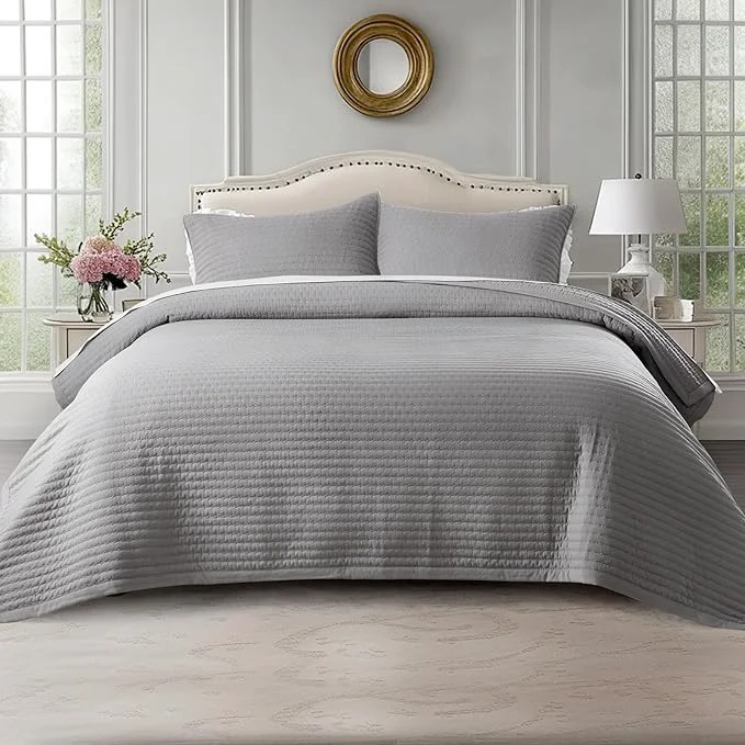 Organic KASENTEX King XL Quilt Set 108 quot x98 quot – Soft Washed 3-Layer Lightweight Bedspread Minimalist Nordic Design All-Season Spring amp Summer Quilt Set 1 Quilt 2 Pillow Shams Solid Grey Original Design