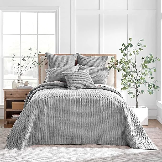 First-Class Levtex Home Mills Waffle Full Bedspread Set 100x104in with 2 Pillow Shams 26x20in – Grey – Cotton Waffle Full Size Bedspread Set – Lightweight Soft Pre-Washed Fine Crafted