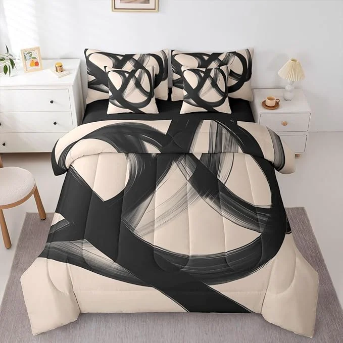 Refined Erosebridal Abstract Modern Black Beige 7 Piece Comforter Set Full Bed in A Bag Neutral Minimalist Lines Bedding Set for Boys Men Geometric Sheet Set Contemporary Art Simple Quilt Room Decor