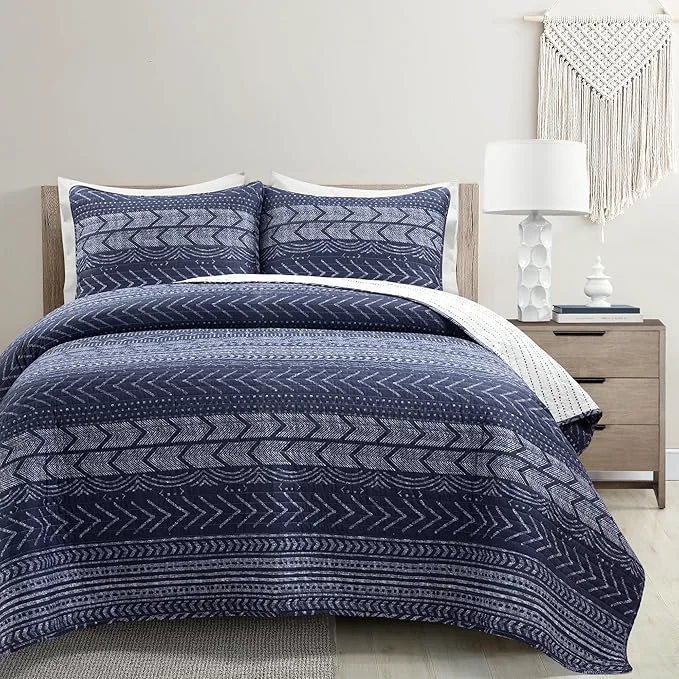 Powerful Lush Decor Hygge Geo Pattern Striped 3 Piece Quilt Bedding Set Full Queen Navy Selected