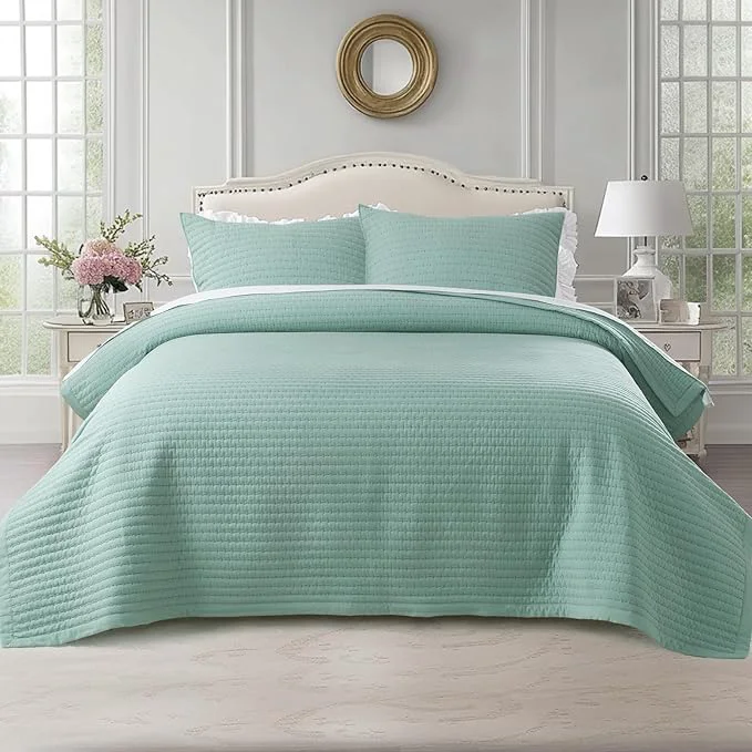 High-End Oversized King Quilt Set 112 quot x106 quot – Soft Washed 3-Layer Lightweight California King Bedspread Minimalist Nordic Design All-Season Spring amp Summer Quilt Set 1 Quilt 2 Pillow Shams Green Efficient