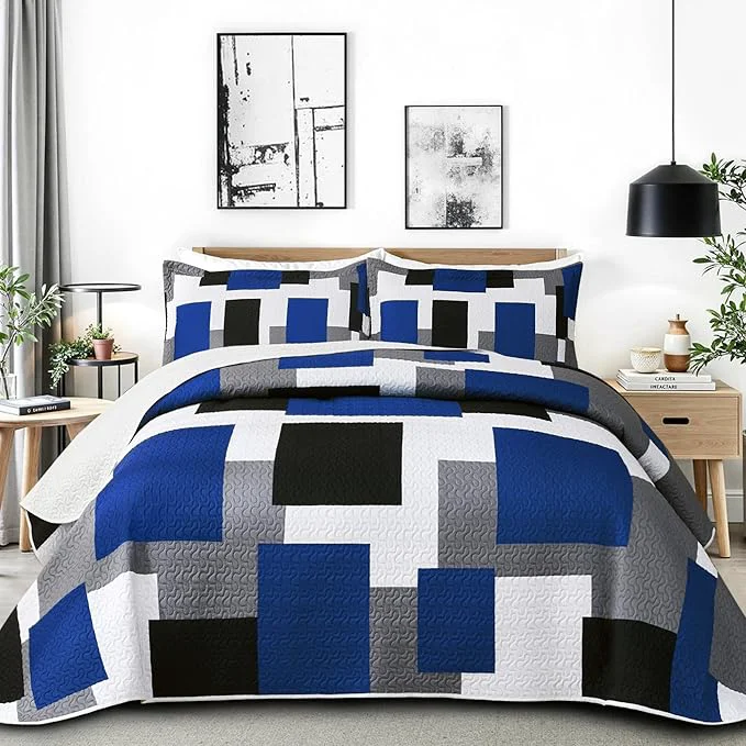 Environmentally Friendly 3 Piece Blue White Grey Quilt Set California King Size Black White Geometric Reversible Bedding Set Microfiber Lightweight Bedspread Coverlet with 2 Shams Bed Covers for All Season 118 39 39 x106 39 39 Sustainable