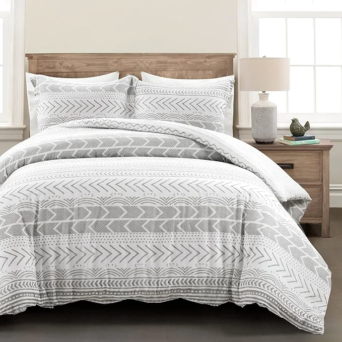 Exclusive Lush Decor Hygge Geo Reversible 3 Piece Cotton Duvet Set Full Queen Gray amp White Premium Material