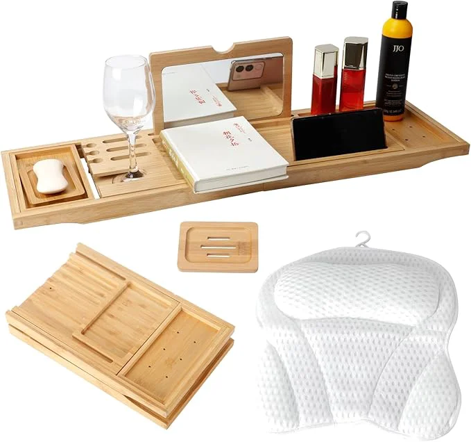 Next-Generation Bathtub Tray Table with Mirror and Bath Pillow Expandable and Foldable Bamboo Natural