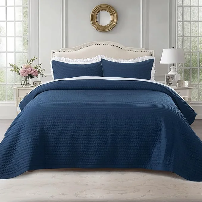 Crafted KASENTEX King XL Quilt Set 108 quot x98 quot – Soft Washed 3-Layer Lightweight Bedspread Minimalist Nordic Design All-Season Spring amp Summer Quilt Set 1 Quilt 2 Pillow Shams Dress Dark Blue Superior