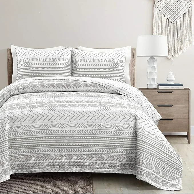 Soft Lush Decor Hygge Geo Pattern Striped 3 Piece Quilt Bedding Set King Gray amp White Exclusive