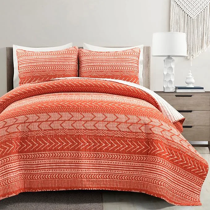 Organic Lush Decor Hygge Geo Pattern Striped 3 Piece Quilt Bedding Set Full Queen Burnt Orange Carefully Designed