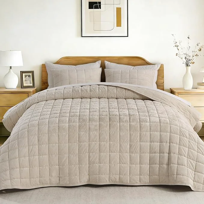 Reliable KASENTEX Greek Velvet King Quilt Set Ultra-Soft Luxe Sheen Cotton Backing 150GSM Down- Fill Expanded 108×98 quot Coverage for Fuller Side Drape 1 Quilt 2 Pillow Shams Sandshell Superior