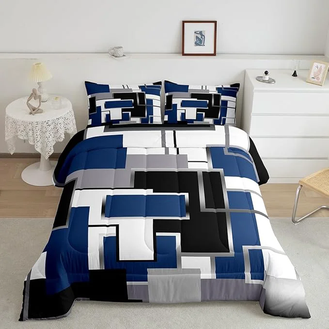 Unique Erosebridal Blue Grey White Comforter Set for Kids Boys Girls Geometric Bedding Set Full Size Watercolor Square Quilt Set Modern Style Pattern Duvet Insert with 2 Pillowcases Home Room Decor Original Design