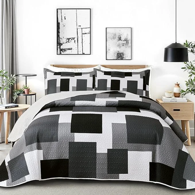 Detailed 2 Piece Black Grey Quilt Set Twin Size Black White Gray Geometric Reversible Bedding Set Microfiber Lightweight Bedspread Coverlet with 1 Sham Modern Bed Covers for All Season 68 39 39 x86 39 39 Fashionable