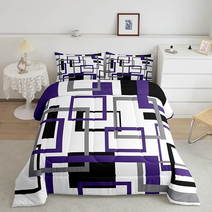 Trendy Erosebridal Geometric Comforter Set for Kids Boys Girls Vintage Black White Grey Purple Bedding Set Full Size Modern Farmhouse Quilt Bedroom Decor Striped Pattern Duvet Insert with 2 Pillow Shams Environmentally Friendly