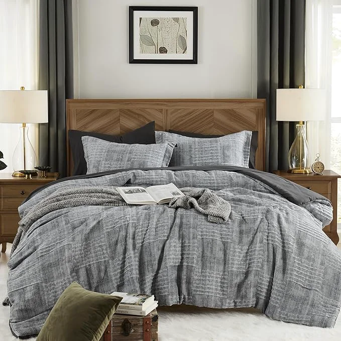 Enhanced MaiRêve Charcoal Grey King Comforter Set Textured Design Grey Crinkle Bed in A Bag King Size 7 Pieces Bedding Set for Men Women with Comforter Sheets Pillowcases amp Shams 102 quot x 90 quot First-Class