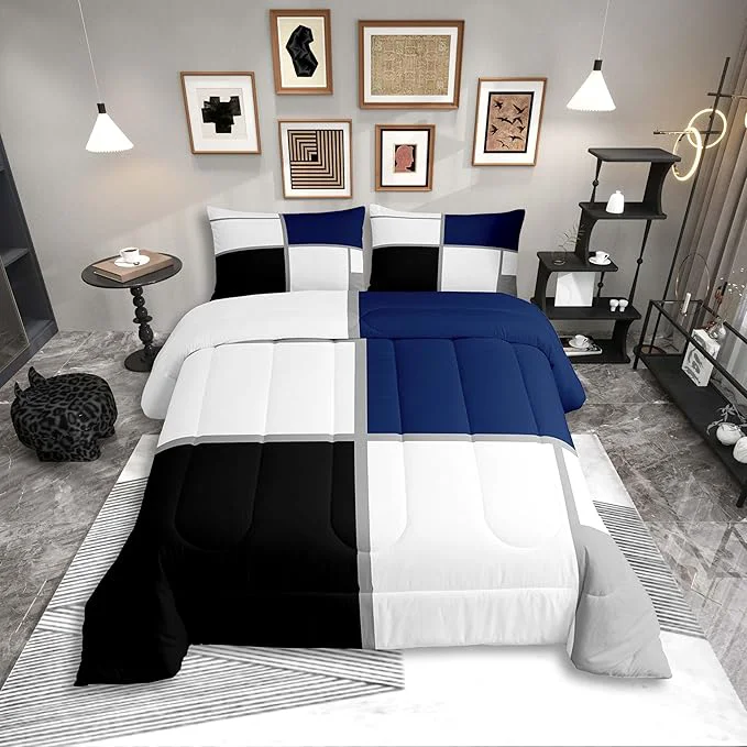 Authentic Erosebridal Geometric Comforter Set Queen Size for Adults Teens Black and White Abstract Bedding Navy Blue Striped Grid Quilt for Minimalist Modern Art Patchwork Bedding Comforter Sets Crafted