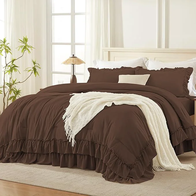 Versatile Andency Brown Oversized Queen Comforter Set 98x98Inch 3 Pieces Lightweight Fluffy Ruffle Bedding Comforter Sets for Queen Bed Farmhouse Shabby Chic Soft All Season Bed Set Innovative