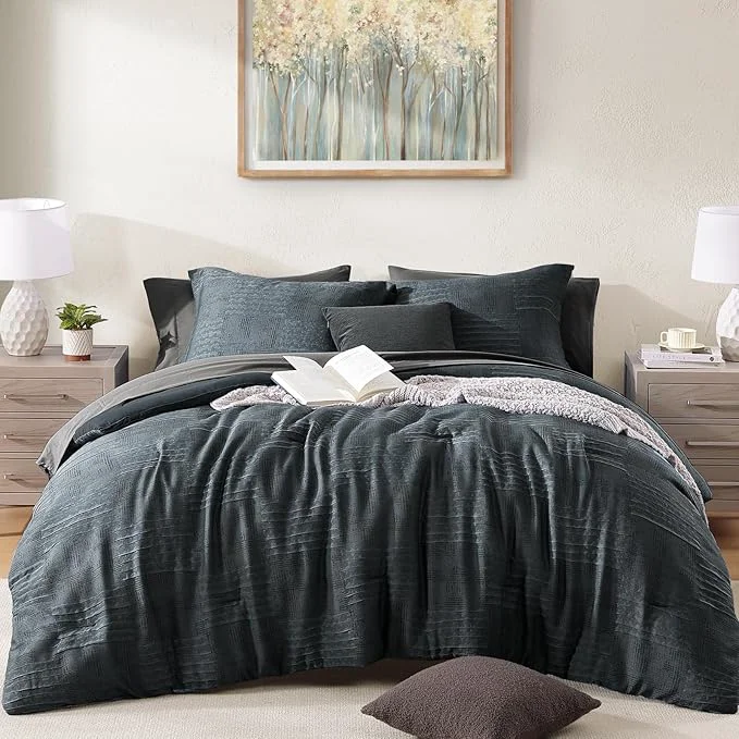 Reliable MaiRêve Full Size Comforter Sets Blue Grey Textured Design Crinkle Bedding Sets 7 Pieces All Season Bed in A Bag with Comforter Sheets Pillowcases amp Shams Optimized