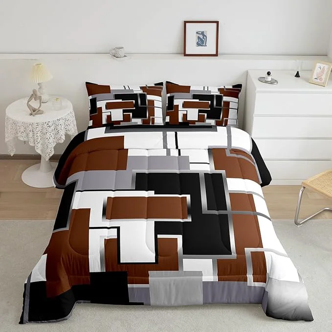Fast Erosebridal Square Comforter Sets for Teens Youth Brown White Grey Bedding Set 3D Geometric Quilt Set Grunge Farmhouse Grid Duvet Insert with 2 Pillowcases Lightweght Warm Full Outstanding