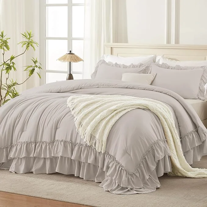 Crafted Andency Linen Grey California King Comforter Set 104x96Inch 3 Pieces Farmhouse Shabby Chic Ruffle Bedding Sets Lightweight Fluffy Soft All Season Bed Set Recyclable