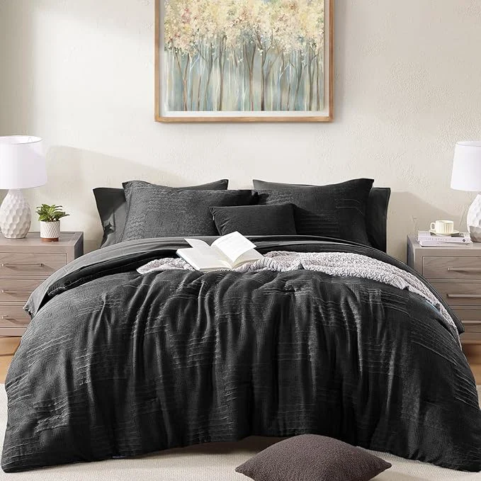 Solid MaiRêve Queen Comforter Set Black Textured Design Crinkle Bedding Sets 7 Pieces All Season Bed in A Bag with Comforter Sheets Pillowcases amp Shams Quality