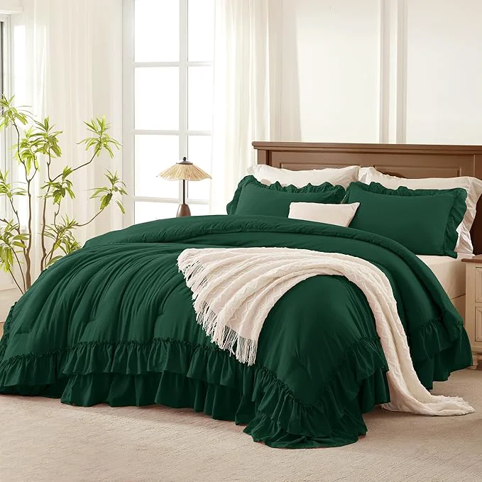 Crafted Andency Dark Green Ruffle Comforter Set King Shabby Chic Farmhouse Bedding Comforter Soft Lightweight Fluffy Polyester Bet Set All Season 3 Pieces Solid Comforter Set Luxury
