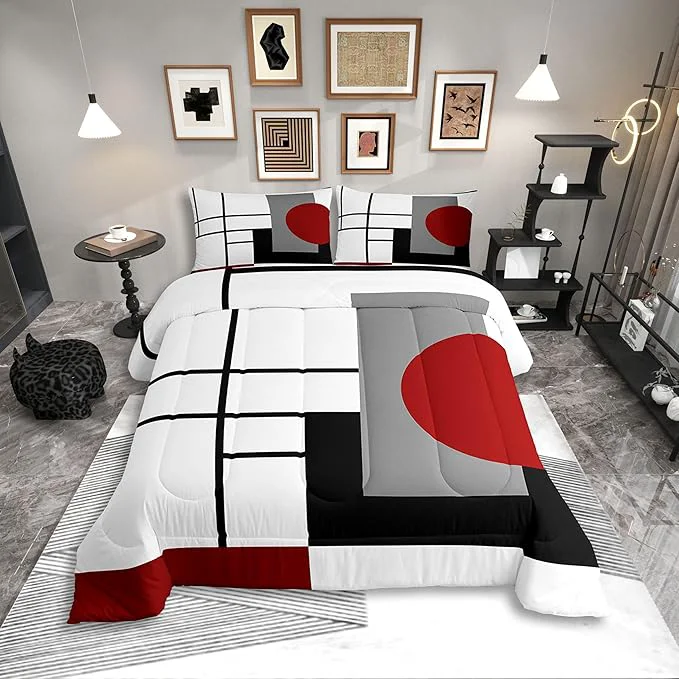 Advanced Erosebridal White Black Red Striped Bedding Set Full Size Boho Modern Geometric Abstract Comforter Set for Adult Women Men Stripes Lines Bed Sets Minimalist Square and Circle Duvet Quilt Sets Certified