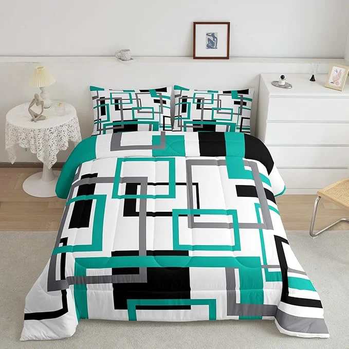 Selected Erosebridal Square Comforter Set for Teens Youth Black White Blue Bedding Set Geometric Quilt Set Modern Bedroom Decor Mid Century Grid Duvet Insert with 2 Pillowcases Lightweight Warm Full Breathable