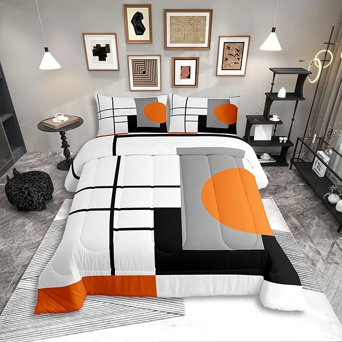 Luxury Erosebridal White Black Orange Striped Toddler Comforter Boho Modern Geometric Abstract Bedding Set Stripes Lines Duvet Insert Minimalist Square and Circle Bed Sets Expertly Made