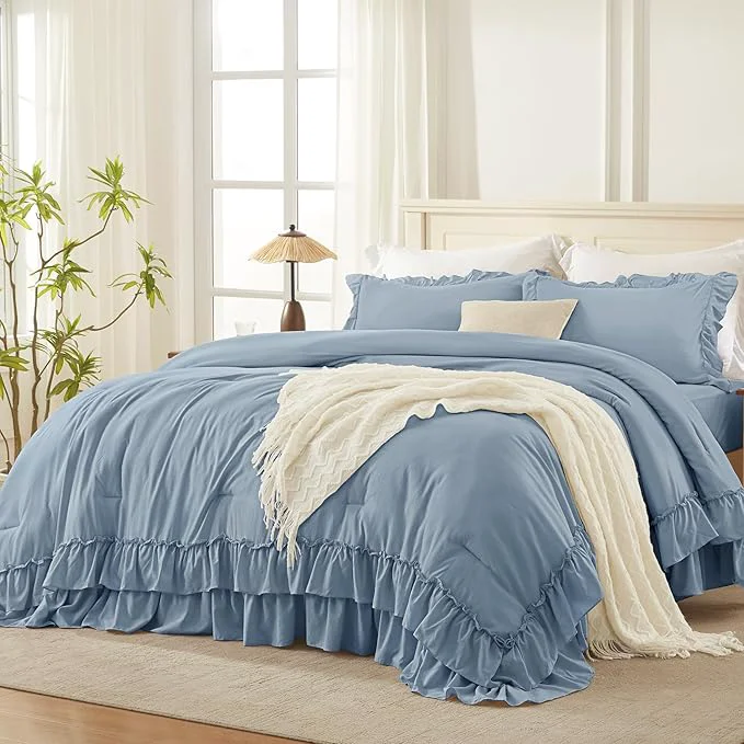 Unique Andency Grayish Blue Full Size Comforter Set 3 Pieces Lightweight Fluffy Shabby Chic Ruffle Bedding Comforter Sets All Season Soft Polyester Bed Set for Kids Boys Men 79x90Inch User-Friendly