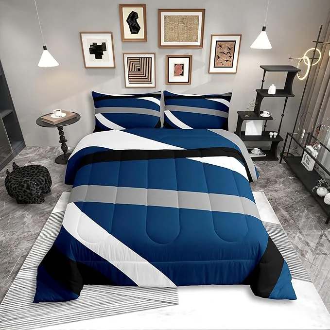Sophisticated Erosebridal Blue Gray Black Striped King Bedding Set Modern Abstract Comforter Set for Adult Women Men Geometric Lines Bed Collections Aesthetic Boho Duvet Quilt Sets Versatile