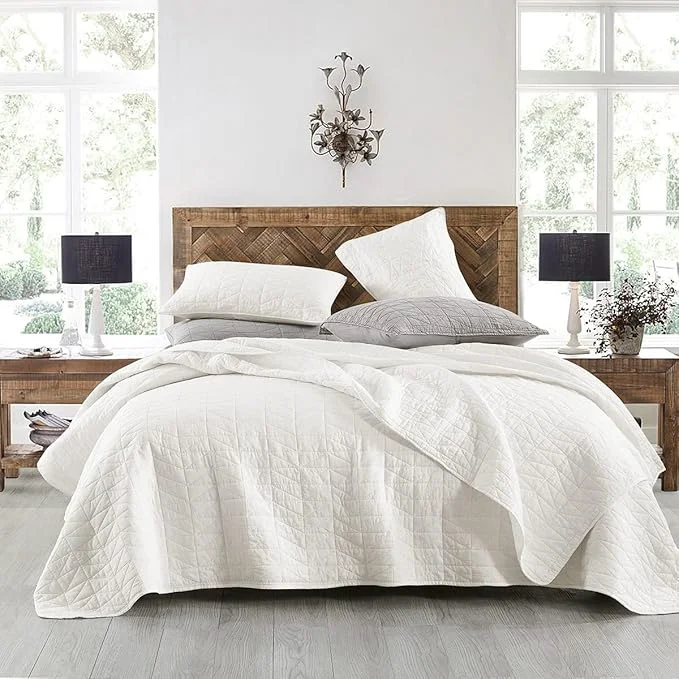 Original Design HORIMOTE HOME Quilt Set Twin Size Stone-Washed Chic Rustic Cream White Coverlet with Classic Triangle Stitched Pattern Ultra Soft Lightweight Quilted Bedspread for All Season 2 Pieces High-Grade