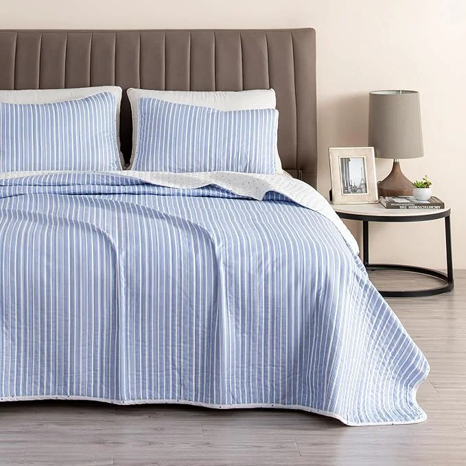Sustainable Great Bay Home Striped Quilt Set – 2-Piece Twin Twin XL Size Pattern Bedding Set – Lightweight All-Season Reversible Bedspread Blue Original