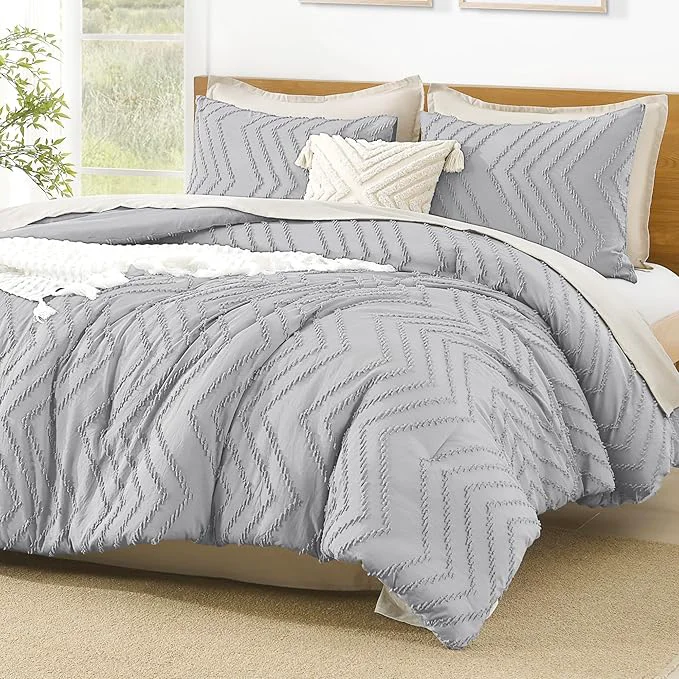 Casual Litanika Comforter Super King Size Set Light Grey 3 Pieces Chevron Tufted Solid Bedding Comforter Sets Fluffy Bed Set Classic