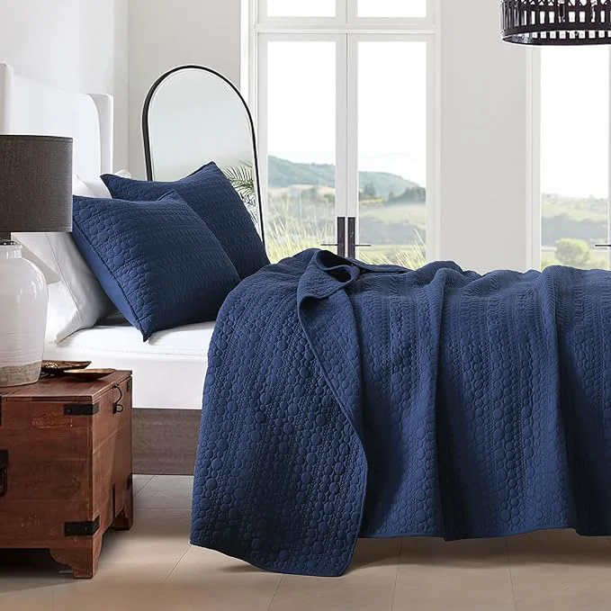 Safe HORIMOTE HOME Quilt Set King Size Navy Blue Classic Geometric Spots Stitched Pattern Pre-Washed Microfiber Chic Rustic Look Ultra Soft Lightweight Quilted Bedspread for All Season 3 Pieces Elegant