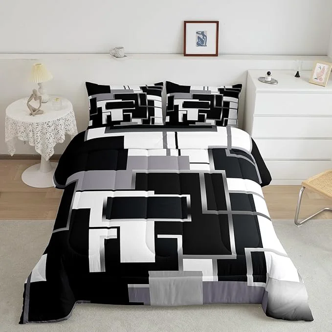 Flexible Erosebridal Geometric Comforter Sets Queen Black and White Bedding Set for Kids Teens Youth Modern Ombre Quilt Set Soft Mid Century Square Duvet Insert with 2 Pillow Shams Lightweight Warm Clean