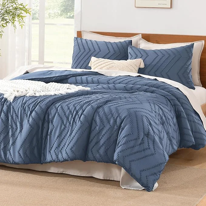 Clean Litanika Ocean Blue California King Size Comforter Set 3 Pieces Chevron Tufted Bedding Set amp Collections All Season Bed Set 104x96In Comforter and 2 Pillow Shams Lightweight