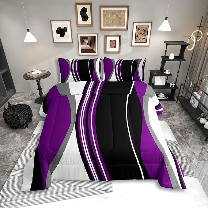 Genuine Erosebridal Purple Black Abstract Bedding Set Full Size Grey Modern Striped Comforter Set for Adult Women Men Geometric Stripes Lines Bed Sets Contemporary Art Boho Duvet Quilt Sets for Minimalist Enhanced