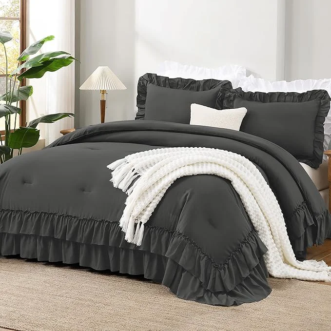 Selected Andency Super King Ruffle Comforter Set 3 Pieces Thick Shabby Chic Farmhouse Bedding Set for Women Soft Lightweight Oversized King Comforter Set 120×120 1 Comforter 2 Pillowcases Dark Gray Effective