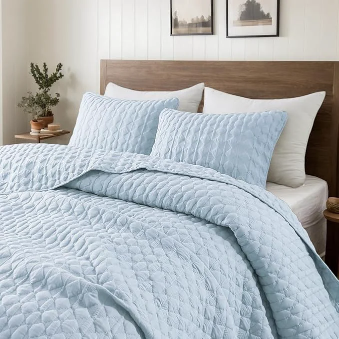 World-Class WDCOZY Light Blue Oversized California Cal King Size Quilt Bedding Set with 2 Pillow Shams Lightweight Soft Bedspread Coverlet Bed Cover for All Season 3 Pieces 118×106 inches Sustainable