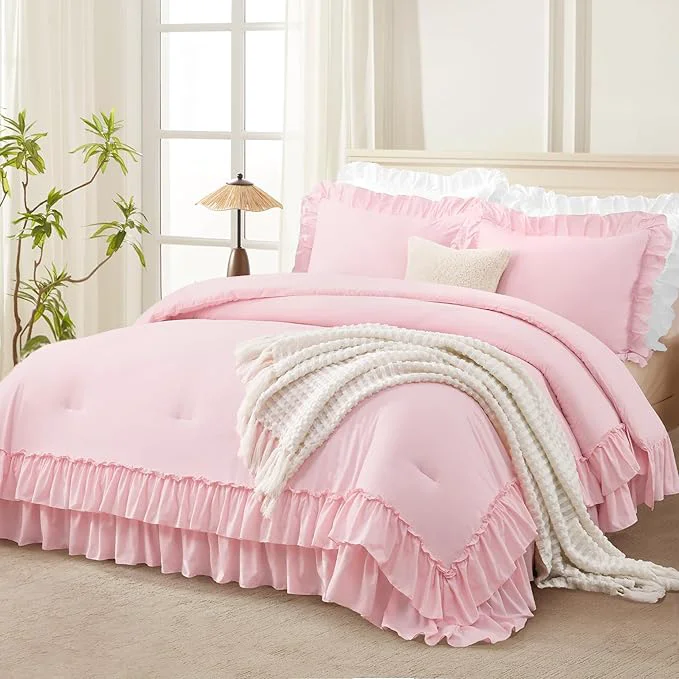 Selected Andency Super King Ruffle Comforter Set 3 Pieces Cute Shabby Chic Farmhouse Bedding Set Soft Lightweight Oversized King Comforter Set 120×120 for Girls Women 1 Comforter 2 Pillowcases Pink Proven