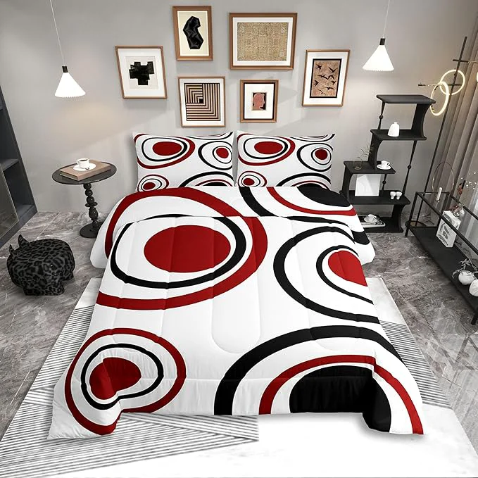 Artisan Erosebridal Red Black Circles Twin Bedding Sets for Adult Women Men Striped Abstract Comforter Set Modern Geometric Quilt Duvet Set Minimalism Lines Boho Simple Art Bedding Collections High-End