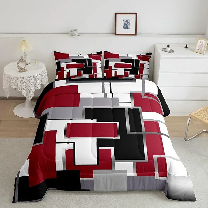 Easy-to-Use Erosebridal Modern Comforter Set Full Size Black White Red Bedding Set for Teens Youth Adult Geometric Plaid Square Quilt Set Contemporary Artwork Duvet Insert with 2 Pillowcases Authentic