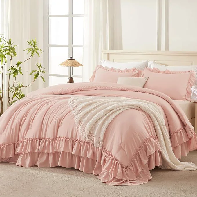 Clean Andency Blush Twin Size Comforter Set 66x90Inch 2 Pieces Farmhouse Shabby Chic Ruffle Comforter Set for Kids Lightweight Fluffy All Season Soft Polyester Bedding Set High-Quality