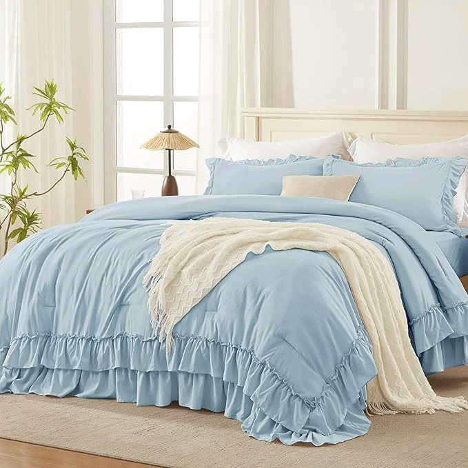 Outstanding Andency Light Blue King Comforter Set 104x90Inch 3 Pieces Ruffle Comforter Set with 2 Pillowcases Farmhouse Shabby Chic Lightweight Fluffy Soft All Season Bed Set