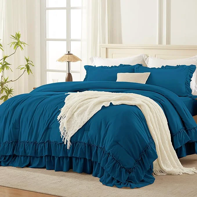 Breathable Andency Teal Twin Size Comforter Set 2 Pieces Lightweight Fluffy Ruffle Bedding Set for Dorm All Season Soft Farmhouse Shabby Chic Bed Set for Kids 66x90In Elegant