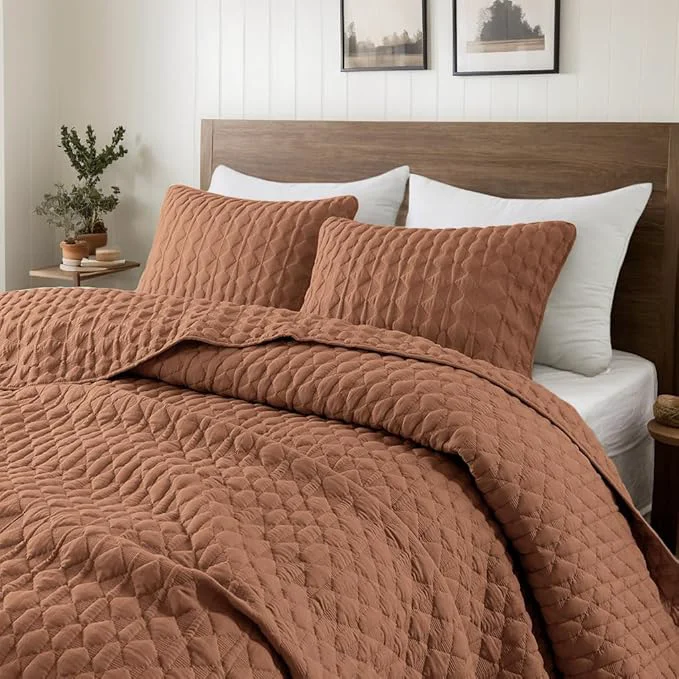 Comfortable WDCOZY Burnt Orange Twin Quilt Size Bedding Sets with 1 Pillow Sham Red Lightweight Soft Bedspread Coverlet Quilted Blanket Thin Comforter Bed Cover for All Season 2 Pieces 68×90 inches Casual