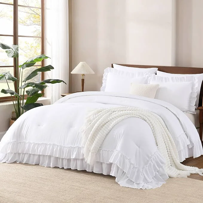 Carefully Designed Andency White Ruffle Comforter Full Set 3pcs Vintage Farmhouse Shabby Chic Bedding Comforter Set Soft Lightweight Fluffy Bed Comforter Sets All Season Bedding Set High-End